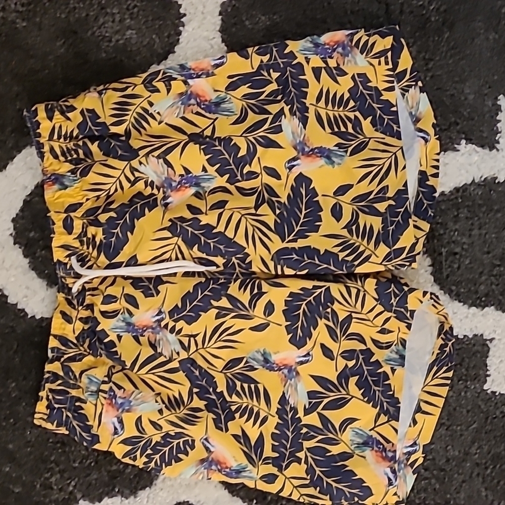 Charleston Threads sz medium yellow blue swim trunks with hummingbirds SW57